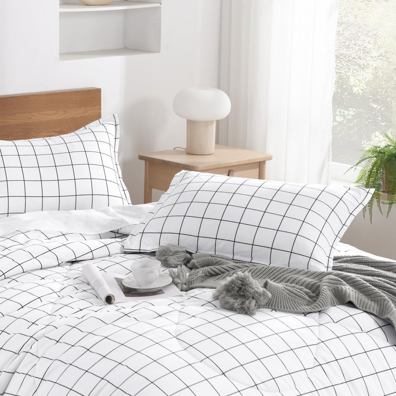 Andency Queen Comforter Set White Gingham, Plaid Grid Checkered Bedding Comforter Set Queen Size, 3 Pieces Lightweight Reversible Geometric Modern Bedding Set(90x90 Inch) - Image 5